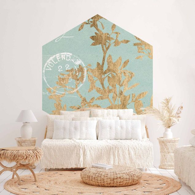 papel de parede para quarto de casal moderno Golden Leaves On Turquoise II