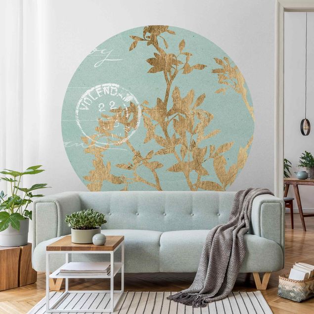 papel de parede floral vintage Golden Leaves On Turquoise II