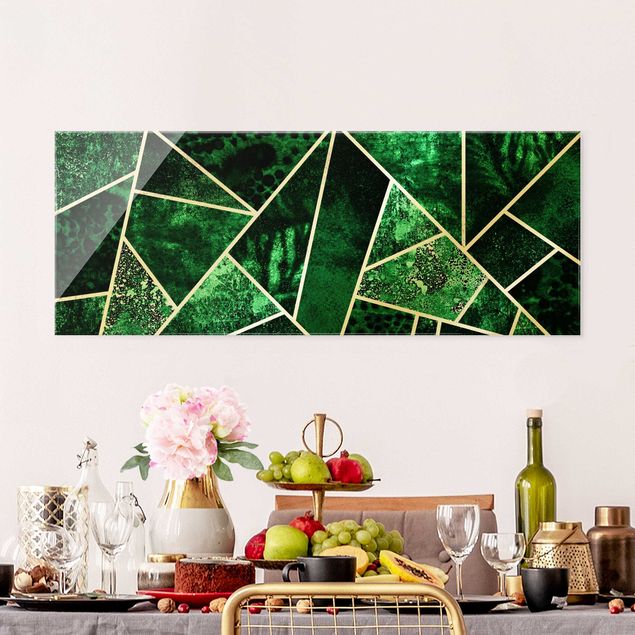 Quadros em vidro abstratos Golden Geometry - Dark Emerald