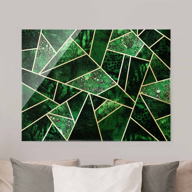 Quadros em vidro abstratos Golden Geometry - Dark Emerald