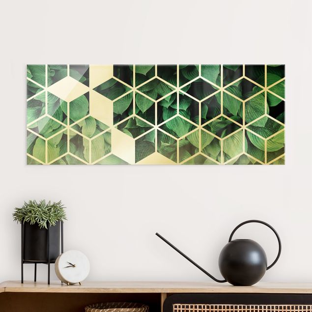 Quadros em vidro abstratos Golden Geometry - Green Leaves