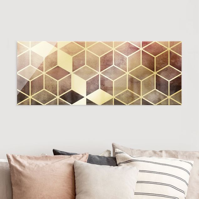 Quadros em vidro abstratos Golden Geometry - Pink Gray