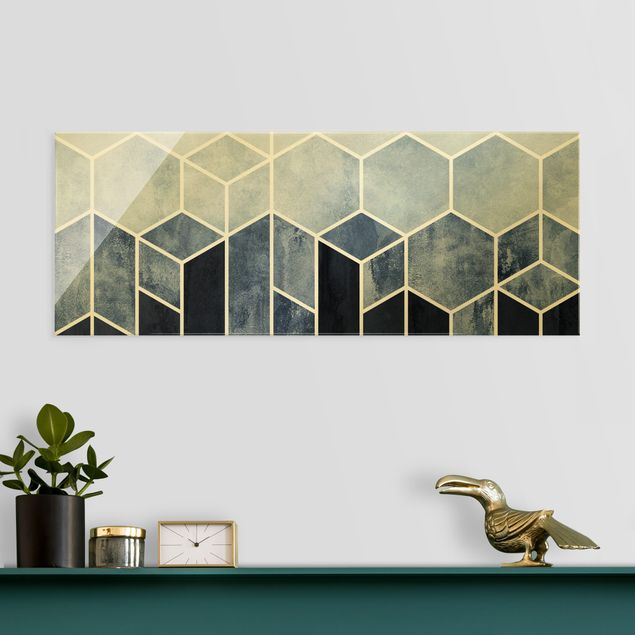 decoraçao para parede de cozinha Golden Geometry - Hexagons Blue White
