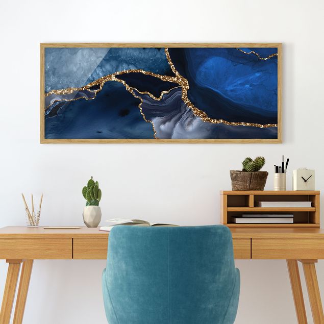 Quadros com moldura abstratos Golden Glitter Waves Blue backdrop