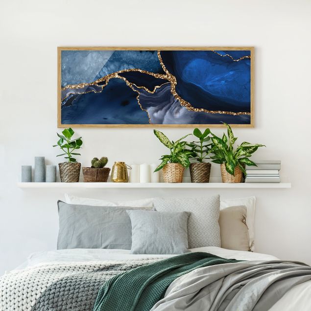 quadros abstratos para sala Golden Glitter Waves Blue backdrop