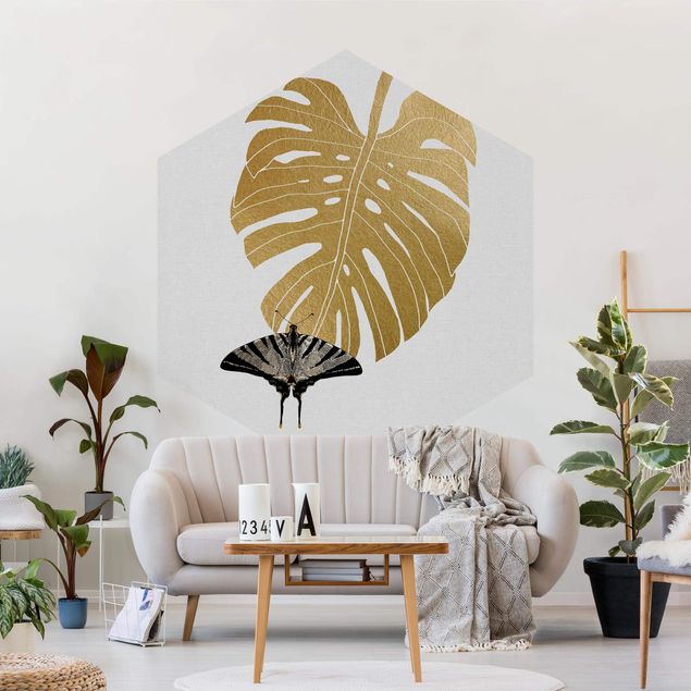papel de parede floral Golden Monstera With Butterfly