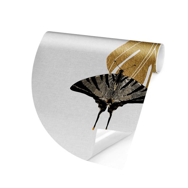 papel de parede prateado Golden Monstera With Butterfly