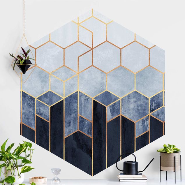 papel de parede geometria Golden Hexagons Blue White