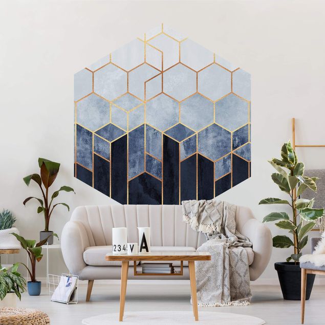 Papel de parede padrões Golden Hexagons Blue White