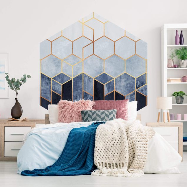 papel de parede moderno para sala Golden Hexagons Blue White