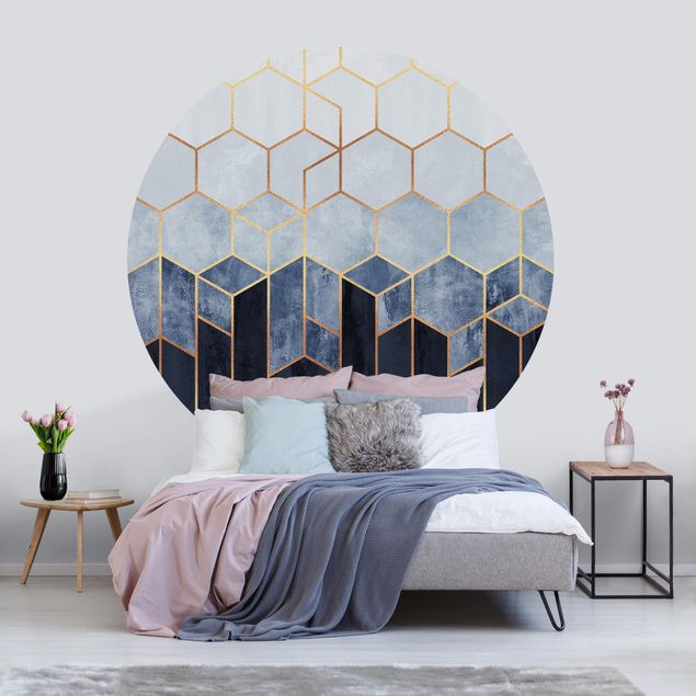 Papel parede geométrico Golden Hexagons Blue White