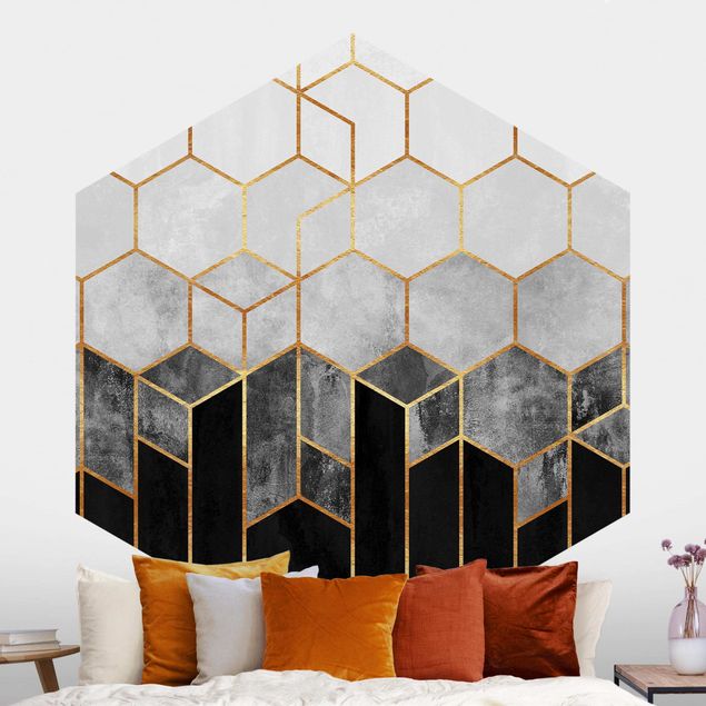 Papel de parede geométrico Golden Hexagons Black And White