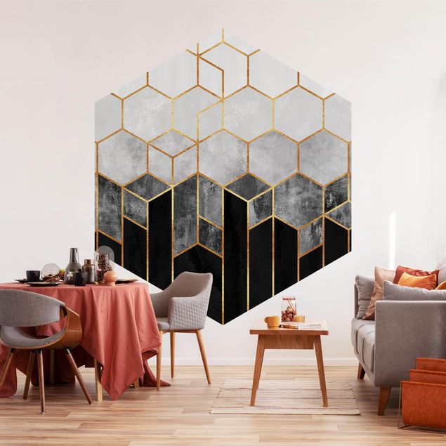 Papel de parede padrões Golden Hexagons Black And White