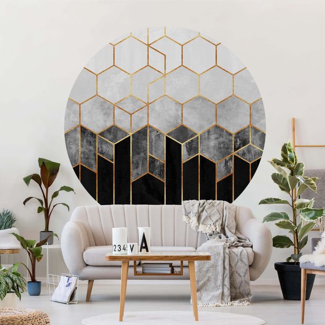 Papel parede geométrico Golden Hexagons Black And White
