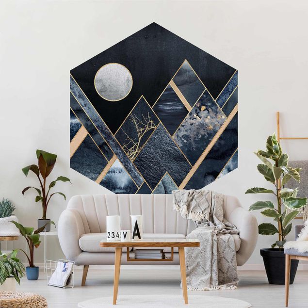 papel de parede moderno para sala Golden Moon Abstract Black Mountains