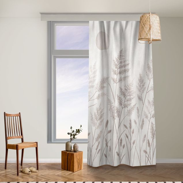 cortinas para janela de quarto casal Grasses And Moon In Silver
