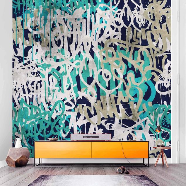 papel de parede para quarto de casal moderno Graffiti Art Tagged Wall Turquoise