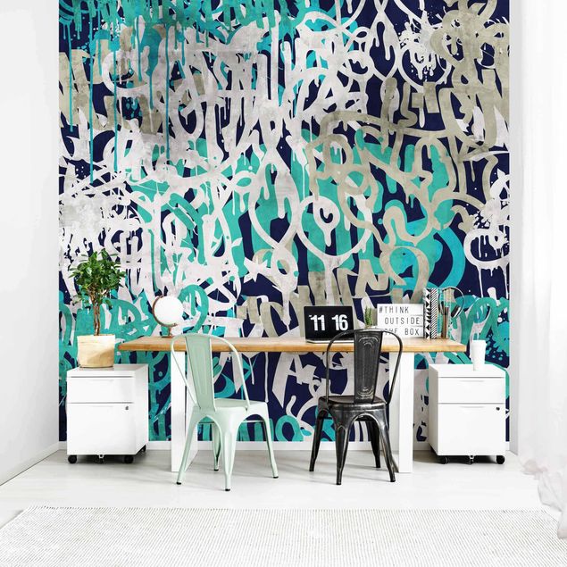 Papel de parede industrial Graffiti Art Tagged Wall Turquoise