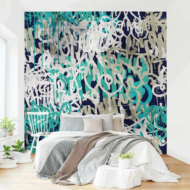 papel parede verde agua Graffiti Art Tagged Wall Turquoise