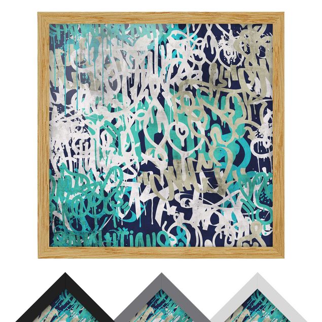quadros decorativos com moldura Graffiti Art Tagged Wall Turquoise