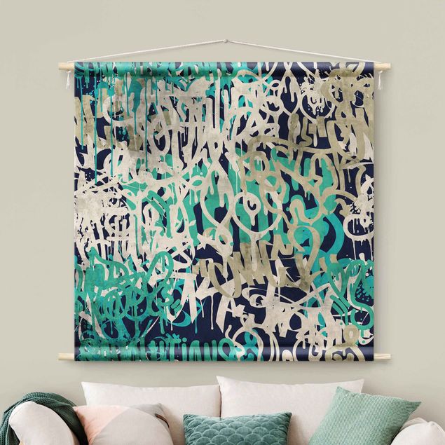 Tapete de parede Graffiti Art Tagged Wall Turquoise