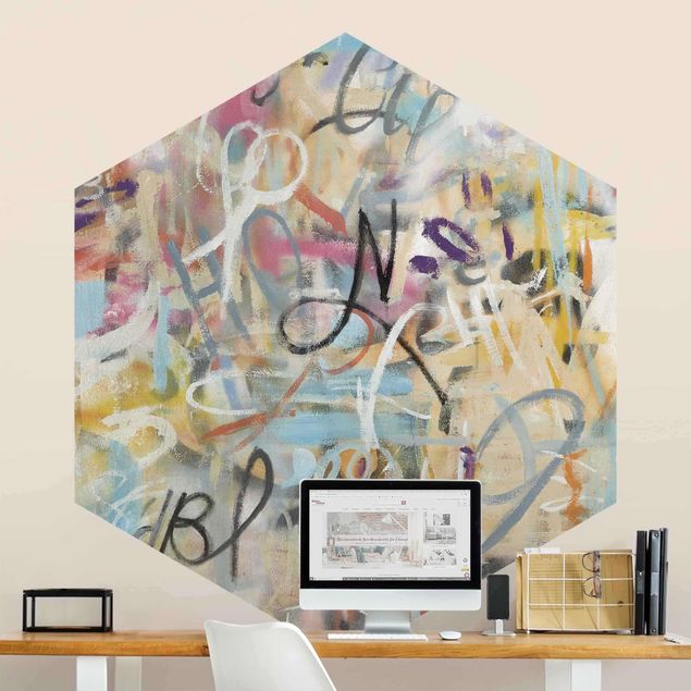 papel de parede para quarto de casal moderno Graffiti Freedom In Pastel