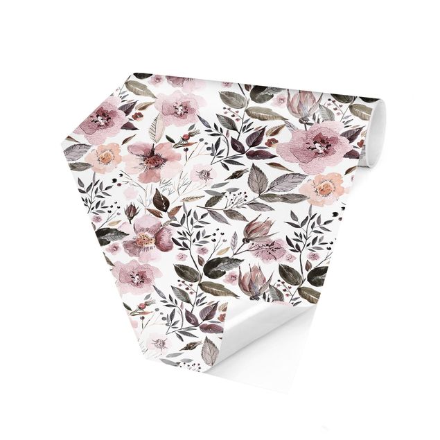 papel parede cinza Gray Leaves With Watercolour Flowers