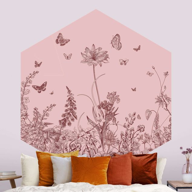 papéis de parede com borboletas Large Flowers With Butterflies On Pink