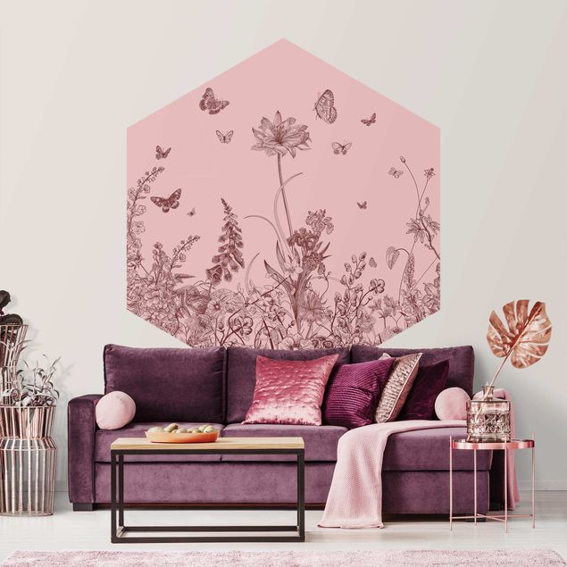 papel de parede moderno para sala Large Flowers With Butterflies On Pink