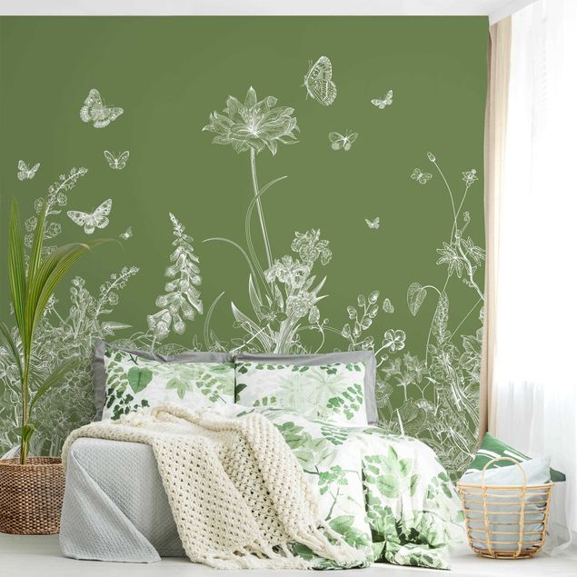 decoraçao para parede de cozinha Large Flowers With Butterflies In Green