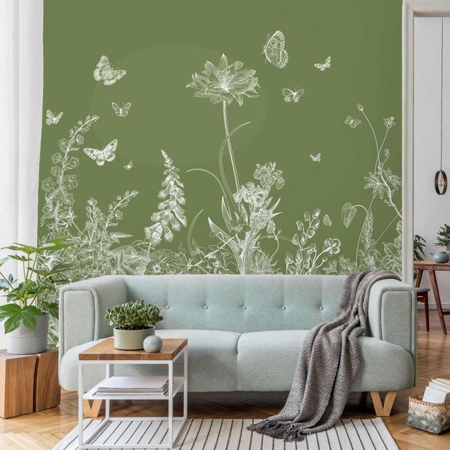 papel de parede para quarto de casal moderno Large Flowers With Butterflies In Green