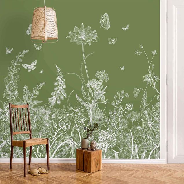Papel de parede estilo rústico Large Flowers With Butterflies In Green