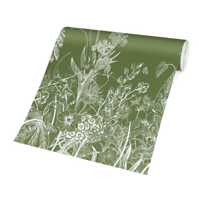 papel de parede floral Large Flowers With Butterflies In Green