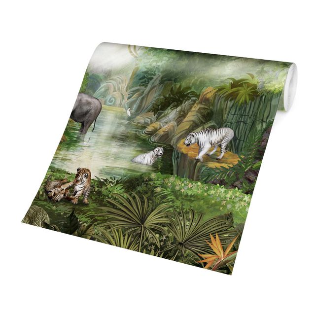 papel de parede floresta tropical Big cats in the jungle oasis