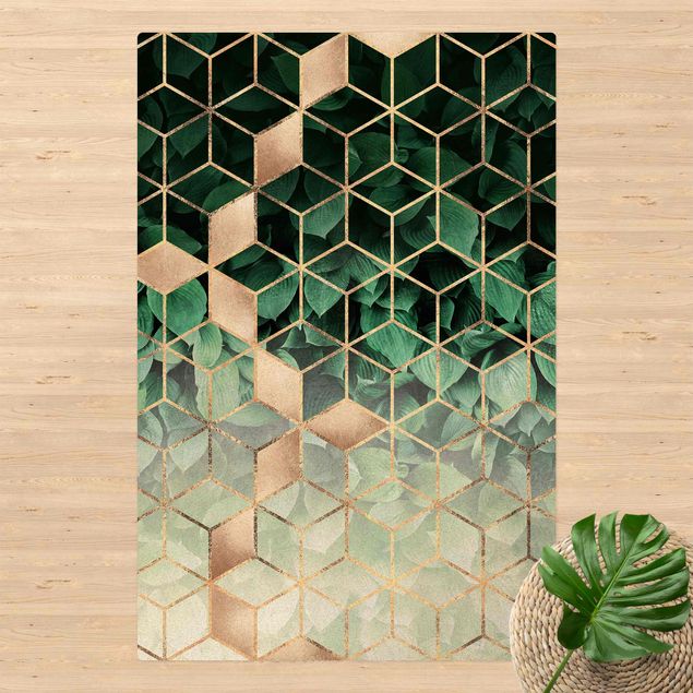 Tapetes abstratos Green Leaves Golden Geometry