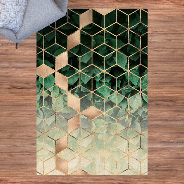 tapete para sala moderno Green Leaves Golden Geometry