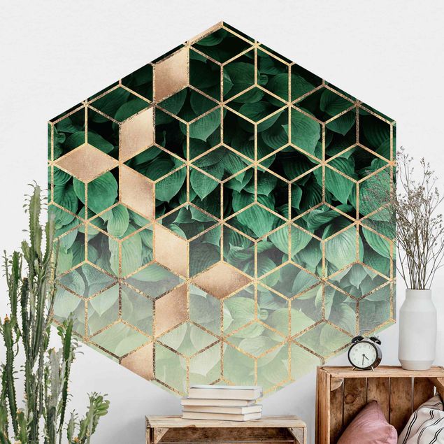 Papel de parede geométrico Green Leaves Golden Geometry