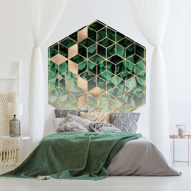 Papel de parede 3D Green Leaves Golden Geometry