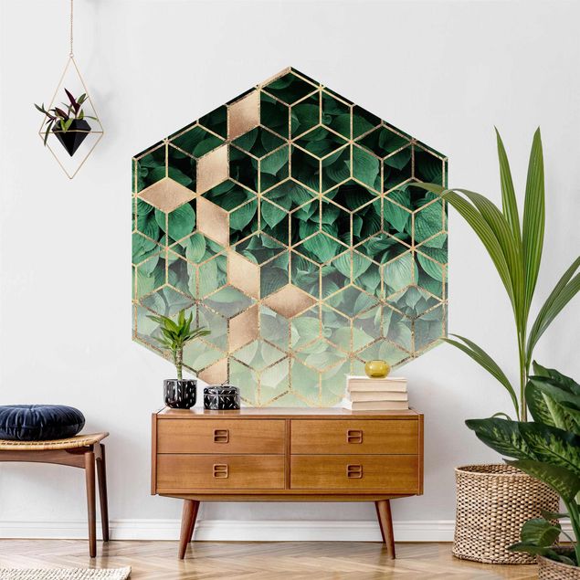 Papel de parede padrões Green Leaves Golden Geometry