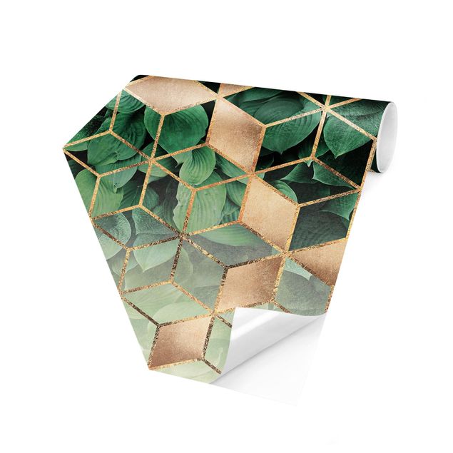 papel de parede moderno Green Leaves Golden Geometry