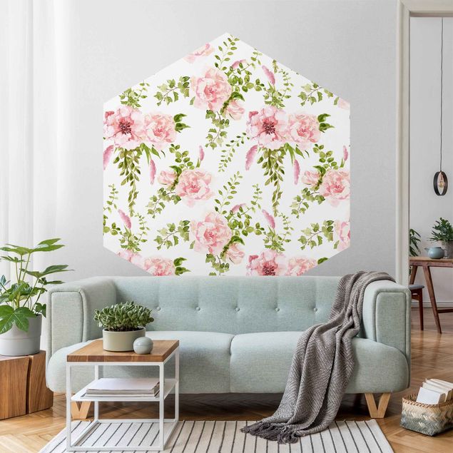 papel de parede para quarto de casal moderno Green Leaves With Pink Flowers In Watercolour