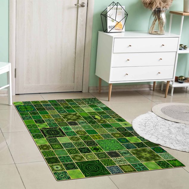 Tapetes imitação azulejos Green Jungle Tiles With Golden Shimmer