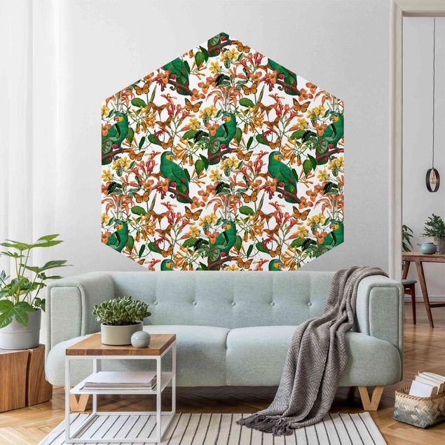 Papel de parede com pássaros Green Parrots With Tropical Butterflies