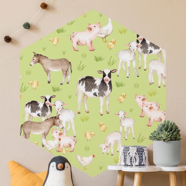 papel de parede moderno Green Meadow With Cows And Chickens