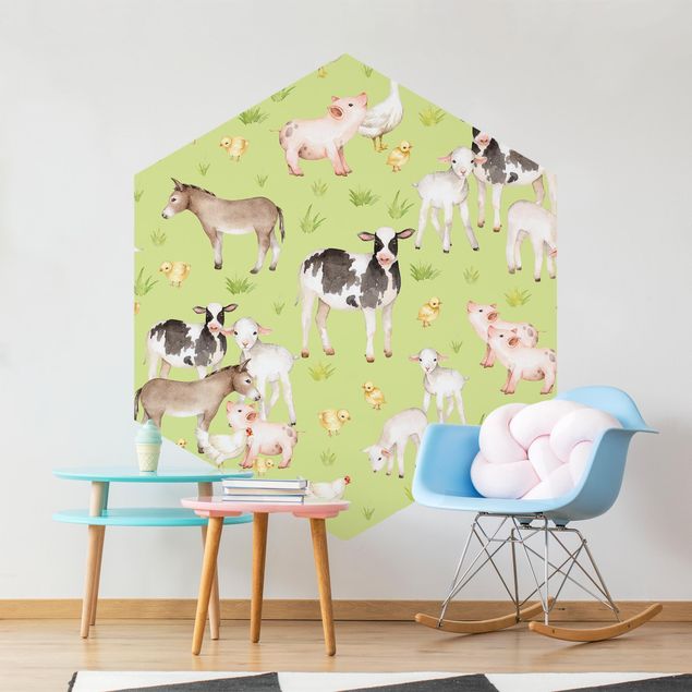 Papel de parede hexagonal Green Meadow With Cows And Chickens
