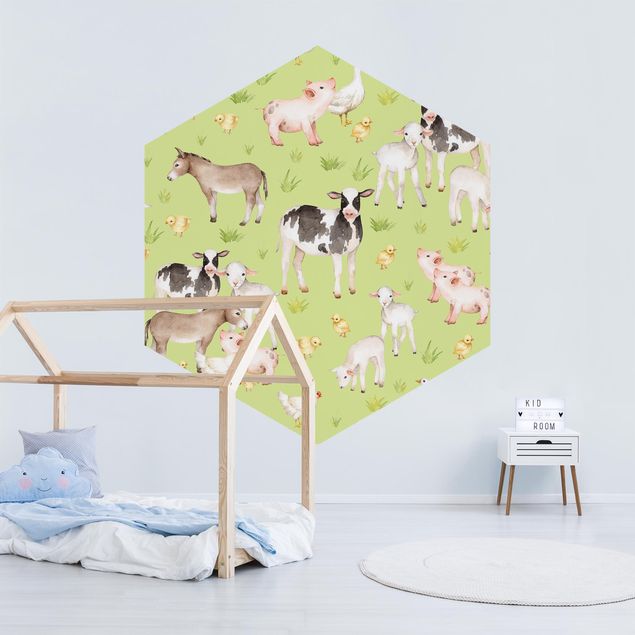 Papel de parede verde Green Meadow With Cows And Chickens