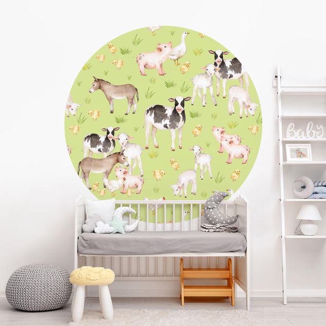 papel de parede moderno para sala Green Meadow With Cows And Chickens