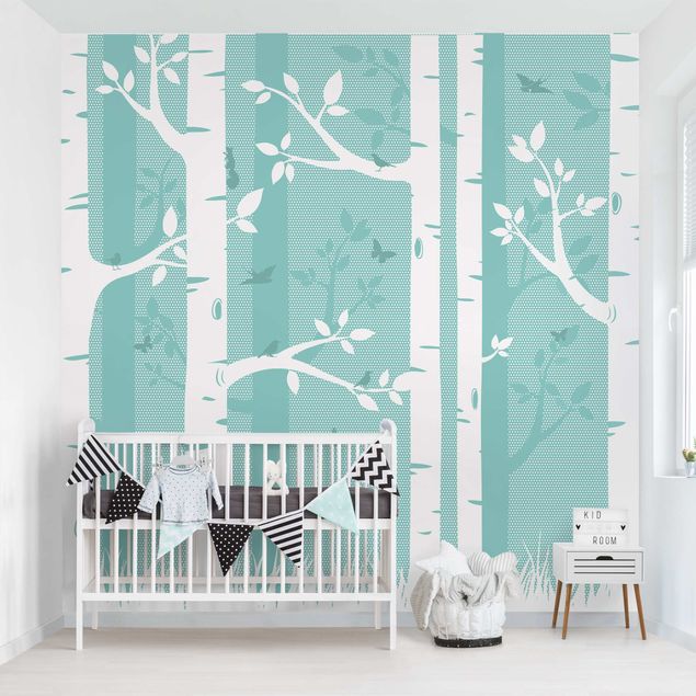 papel de parede para quarto de casal moderno Green Birch Forest With Butterflies And Birds