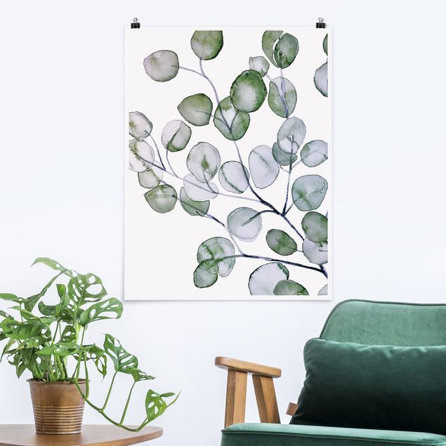 Posters flores Green Watercolour Eucalyptus Branch