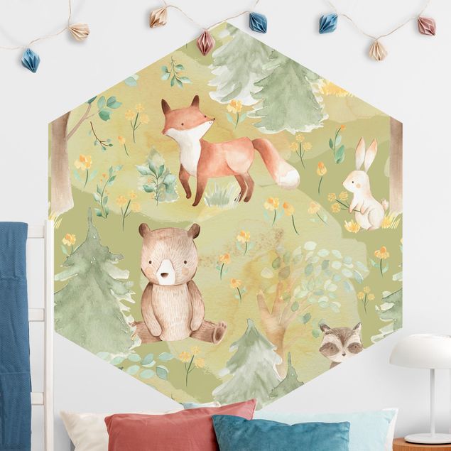 Decoração para quarto infantil Rabbit And Fox On Green Meadow